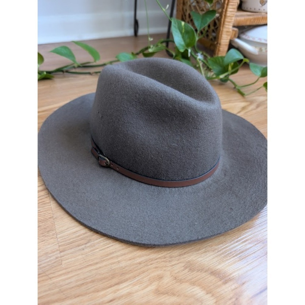 Wide Brim 100% Wool Hat Fedora Hinge Taupe Leather Band boho chic festival brown